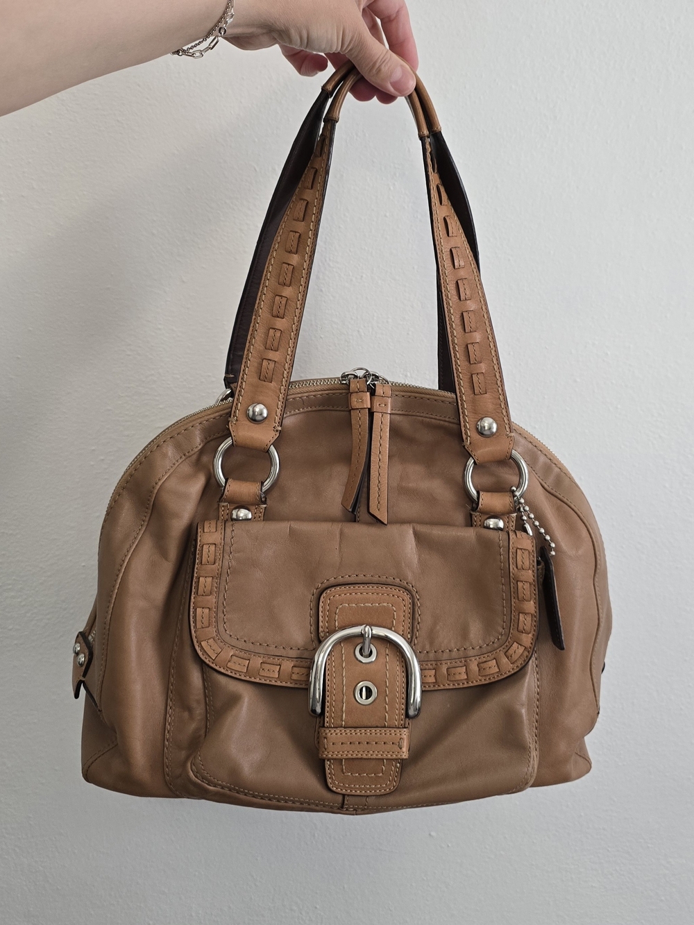 Tan Leather Satchel Handbag - Women's Shoulder Bag